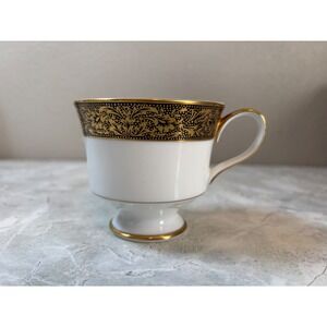 Sango China Japan Hampton 3758 Teacup Gold Filigree Black Band White Porcelain‎